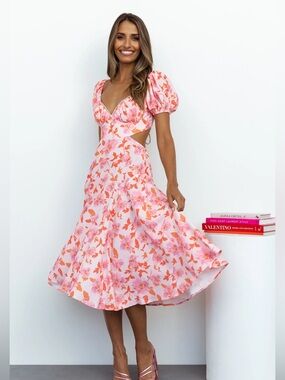 Hello Molly S/4 Floral Pink & Orange Midi Dress with Puff Sleeves